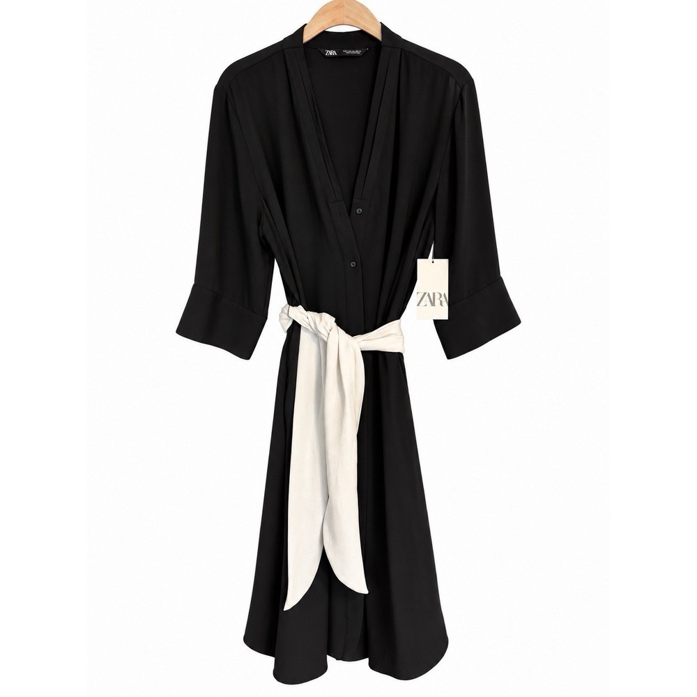 Zara NWT XL Black White Tie Waist Midi Shirt Dress Minimalist Workwear